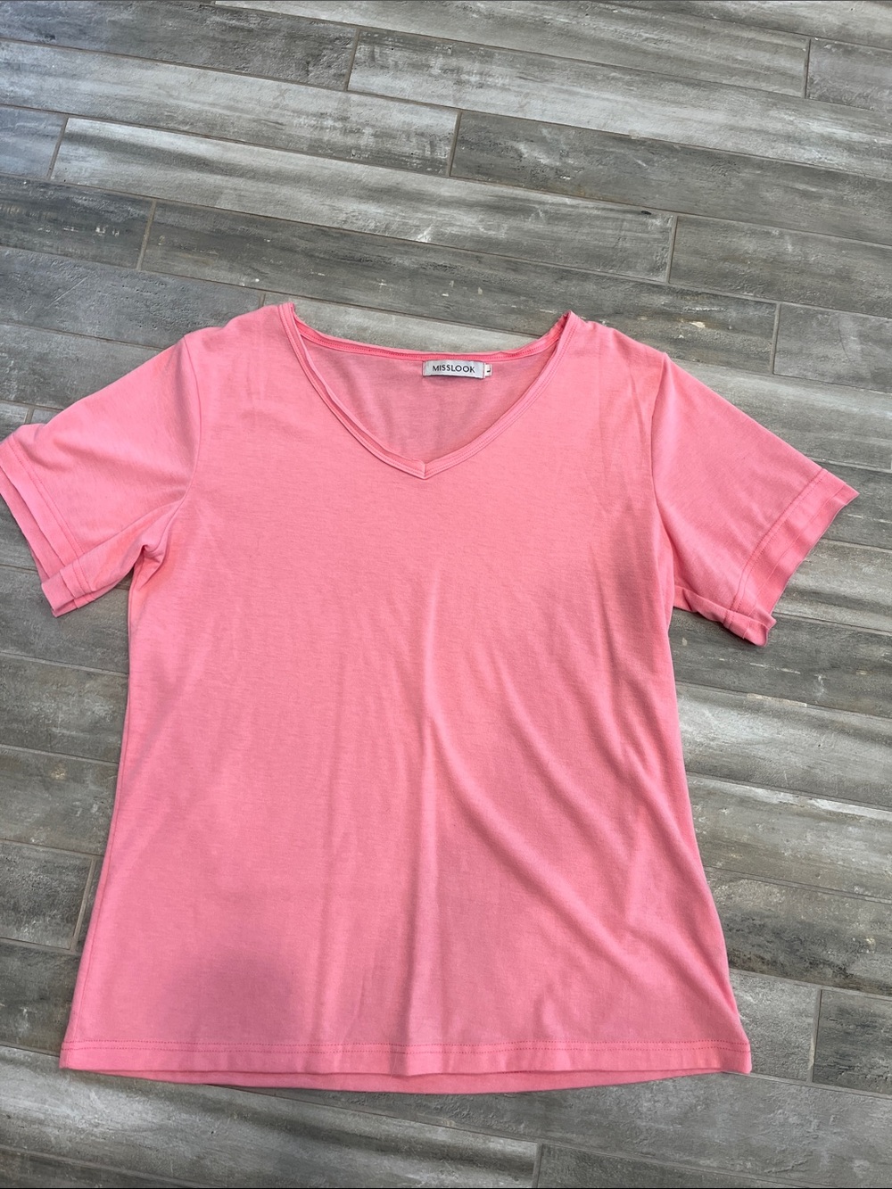 MISSLOOK Coral Pink V-Neck Short Sleeve Tee